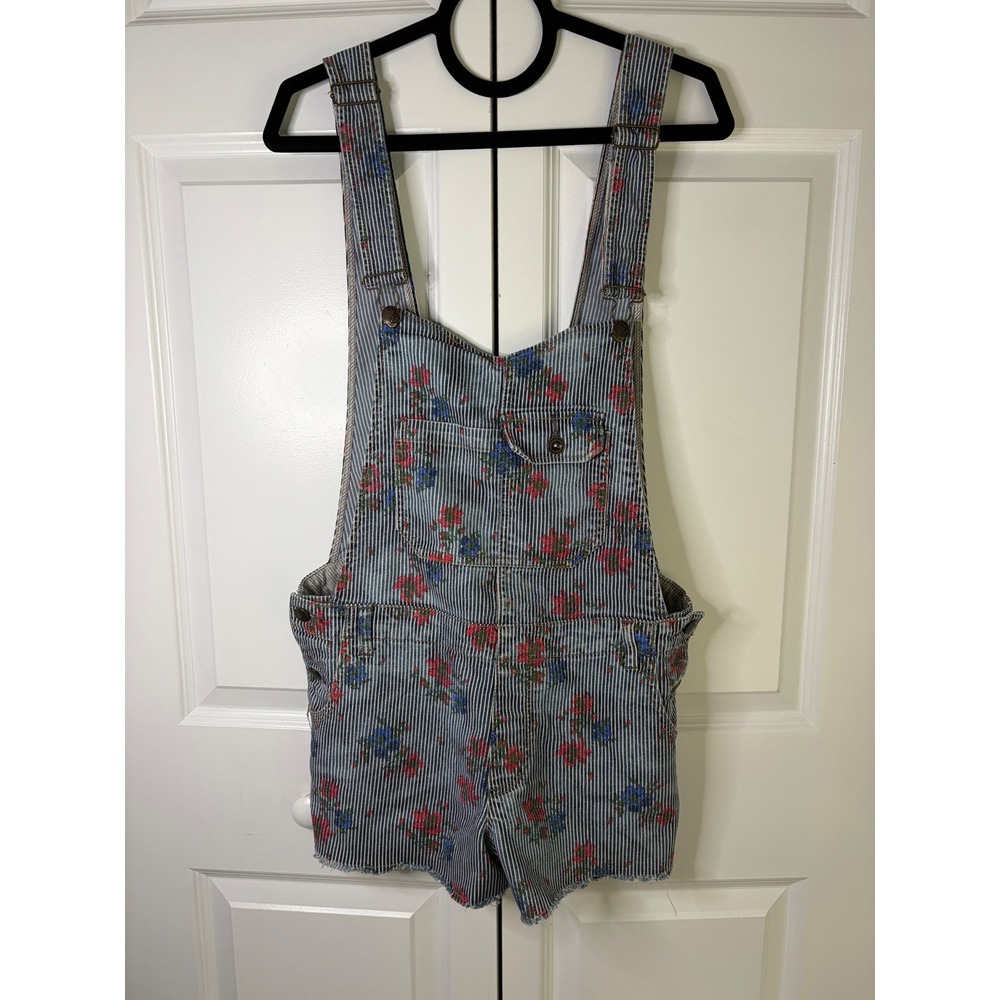 Free People Floral Railroad Stripe Denim Shortalls Blue White Bib Overalls Sz 10
